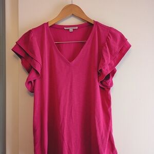 Green Envelope Magenta Ruffle Sleeve Top